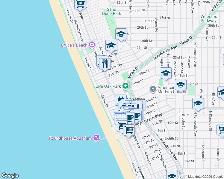 map of restaurants, bars, coffee shops, grocery stores, and more near Highland Avenue & 18th Place in Manhattan Beach