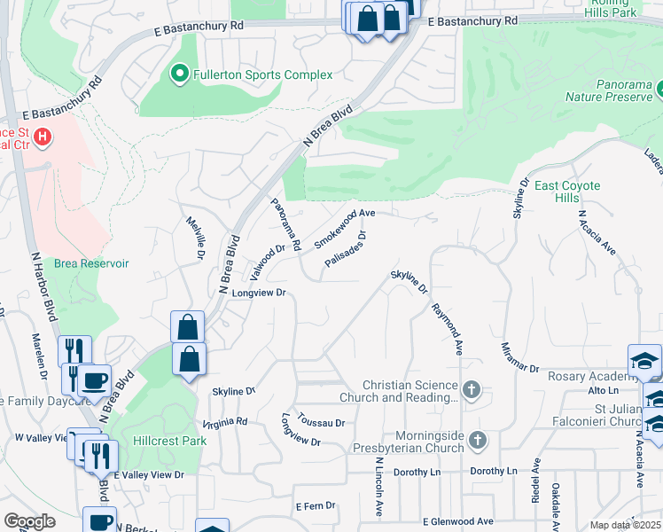 map of restaurants, bars, coffee shops, grocery stores, and more near 2018 Palisades Drive in Fullerton