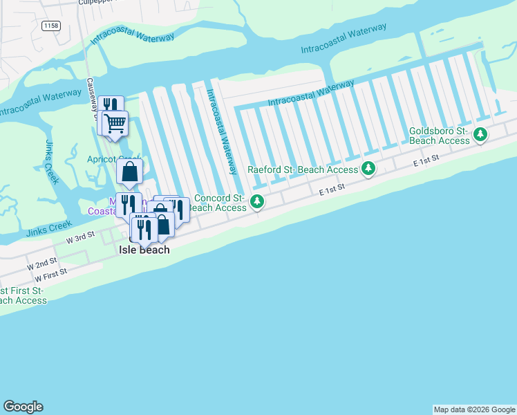 map of restaurants, bars, coffee shops, grocery stores, and more near 90 East 1st Street in Ocean Isle Beach