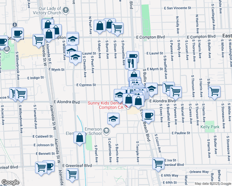 map of restaurants, bars, coffee shops, grocery stores, and more near 801 South Sloan Avenue in Compton