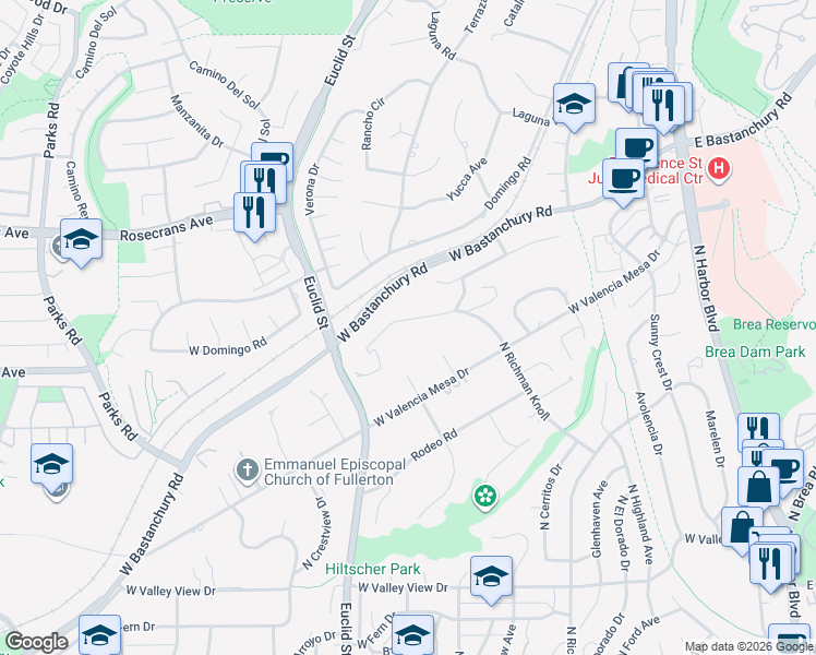 map of restaurants, bars, coffee shops, grocery stores, and more near 1419 North Richman Knoll in Fullerton