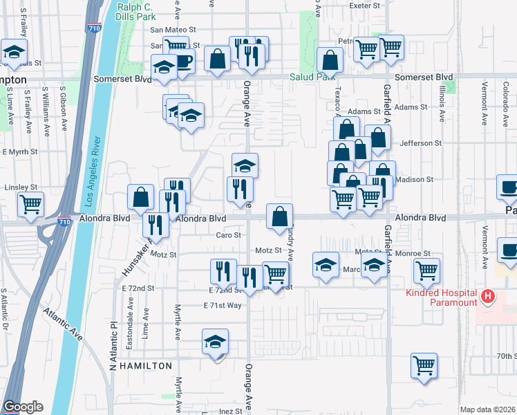 map of restaurants, bars, coffee shops, grocery stores, and more near 7021 Alondra Boulevard in Paramount