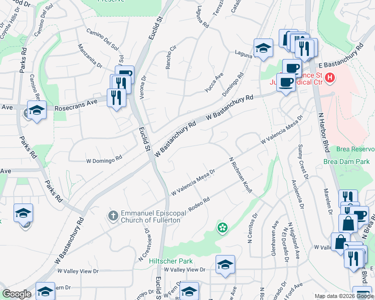 map of restaurants, bars, coffee shops, grocery stores, and more near 1419 North Richman Knoll in Fullerton