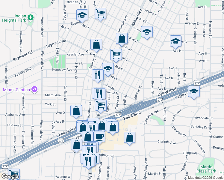 map of restaurants, bars, coffee shops, grocery stores, and more near 2303 Fillmore Street in Wichita Falls