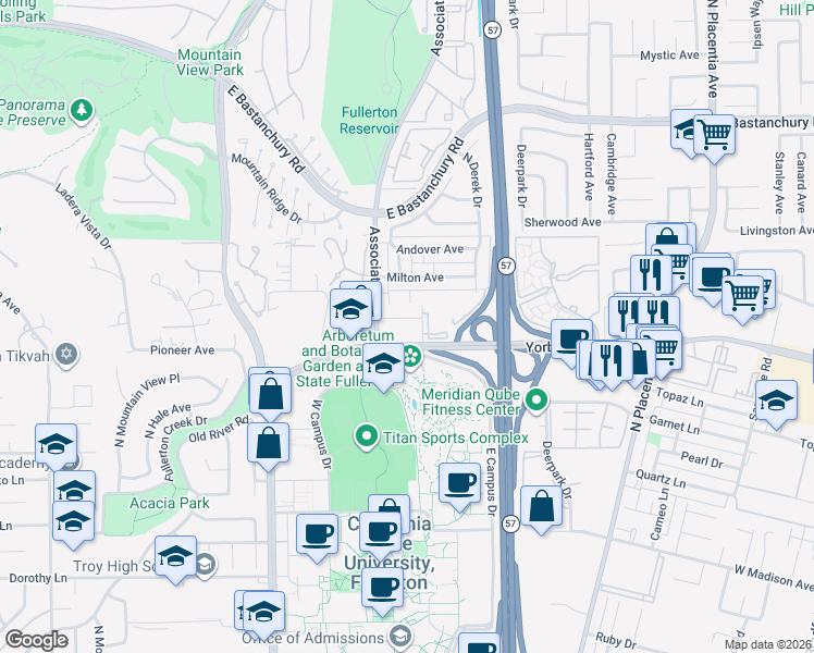 map of restaurants, bars, coffee shops, grocery stores, and more near 2623 Yorba Linda Boulevard in Fullerton