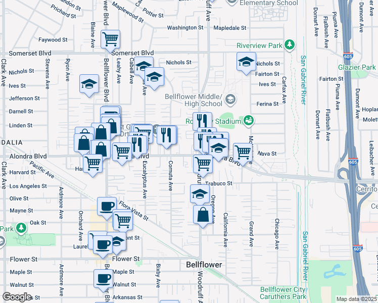 map of restaurants, bars, coffee shops, grocery stores, and more near 10123 Alondra Boulevard in Bellflower