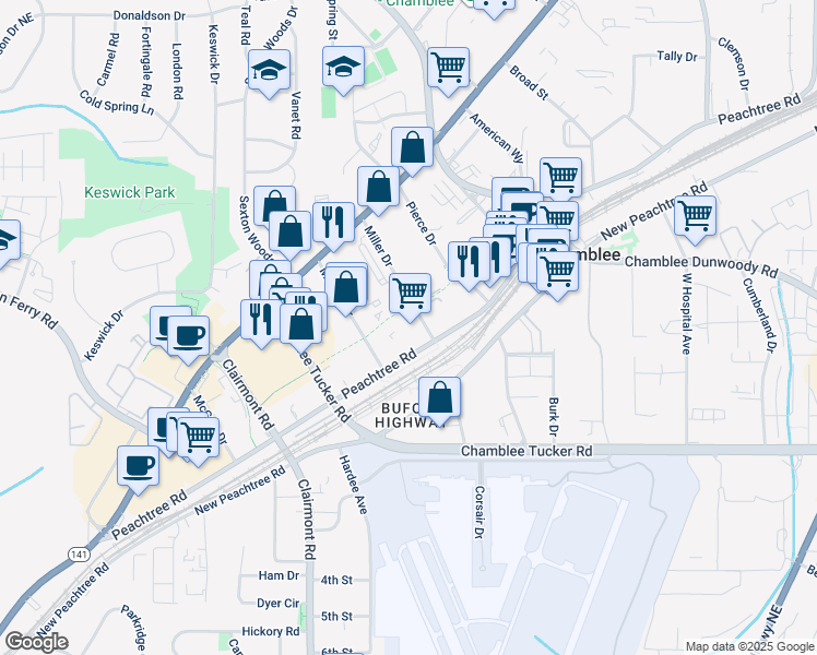 map of restaurants, bars, coffee shops, grocery stores, and more near 5256 Peachtree Road in Chamblee
