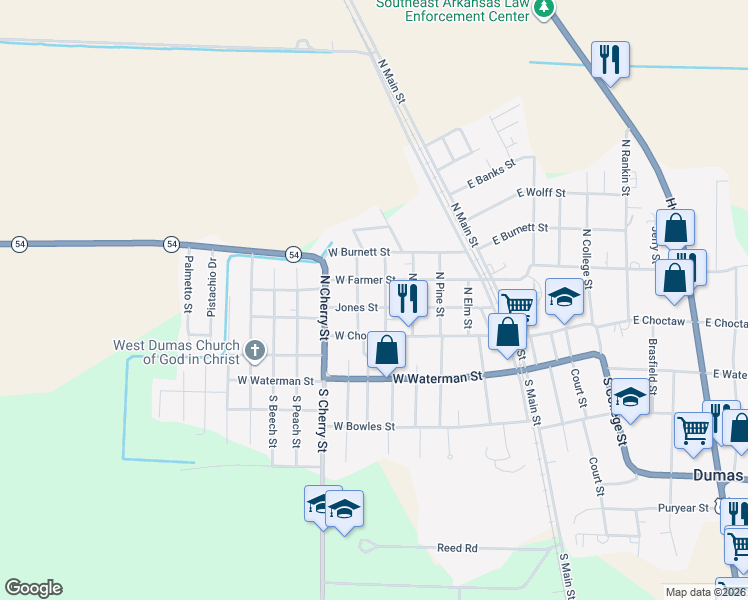 map of restaurants, bars, coffee shops, grocery stores, and more near 510 Jones Street in Dumas