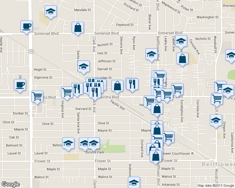 map of restaurants, bars, coffee shops, grocery stores, and more near 9535 Alondra Boulevard in Bellflower