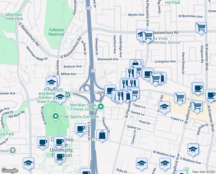 map of restaurants, bars, coffee shops, grocery stores, and more near 1908 Deerpark Drive in Fullerton