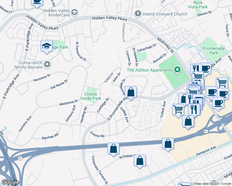 map of restaurants, bars, coffee shops, grocery stores, and more near 1860 Coolidge Street in Corona