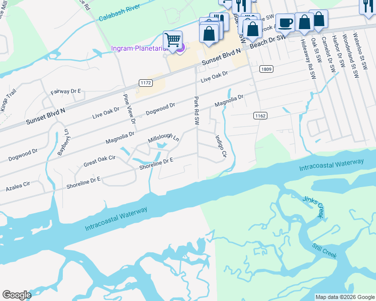 map of restaurants, bars, coffee shops, grocery stores, and more near 711 Shoreline Drive East in Sunset Beach