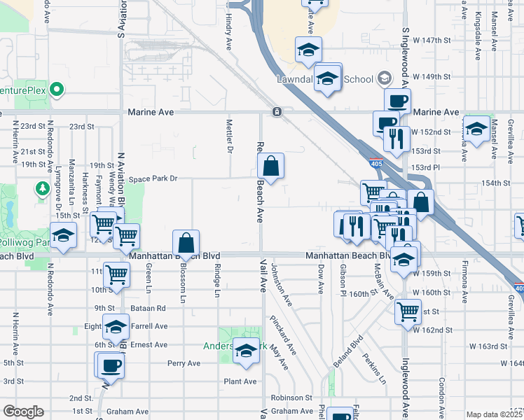 map of restaurants, bars, coffee shops, grocery stores, and more near in Redondo Beach