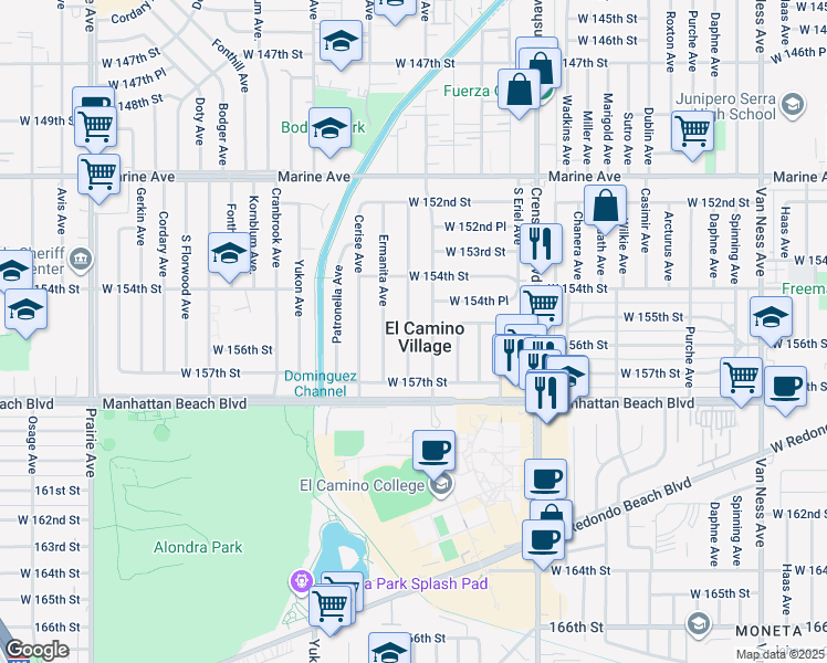 map of restaurants, bars, coffee shops, grocery stores, and more near 15522 Faysmith Avenue in Gardena