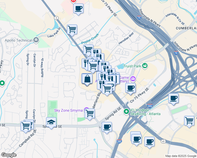 map of restaurants, bars, coffee shops, grocery stores, and more near 2610 Cobb Parkway Southeast in Smyrna
