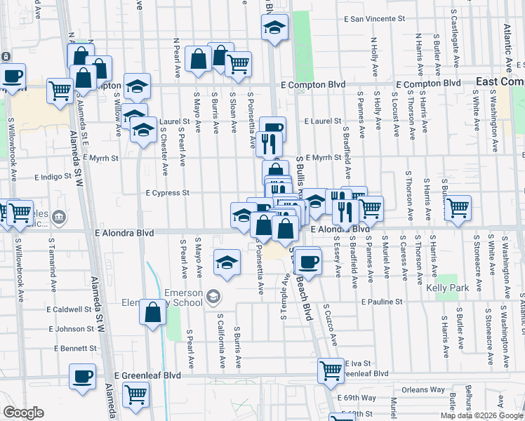 map of restaurants, bars, coffee shops, grocery stores, and more near 800 South Poinsettia Avenue in Compton