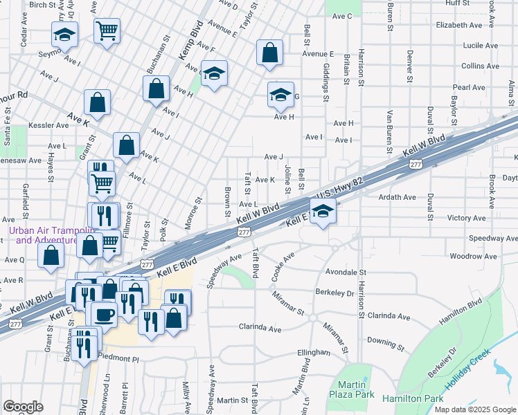 map of restaurants, bars, coffee shops, grocery stores, and more near 2159 Avenue L in Wichita Falls