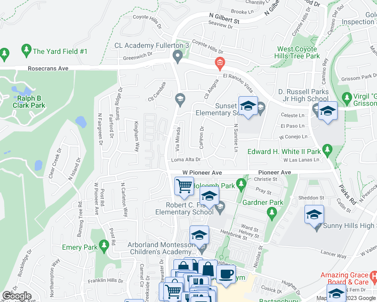 map of restaurants, bars, coffee shops, grocery stores, and more near 1617 Sunset Lane in Fullerton