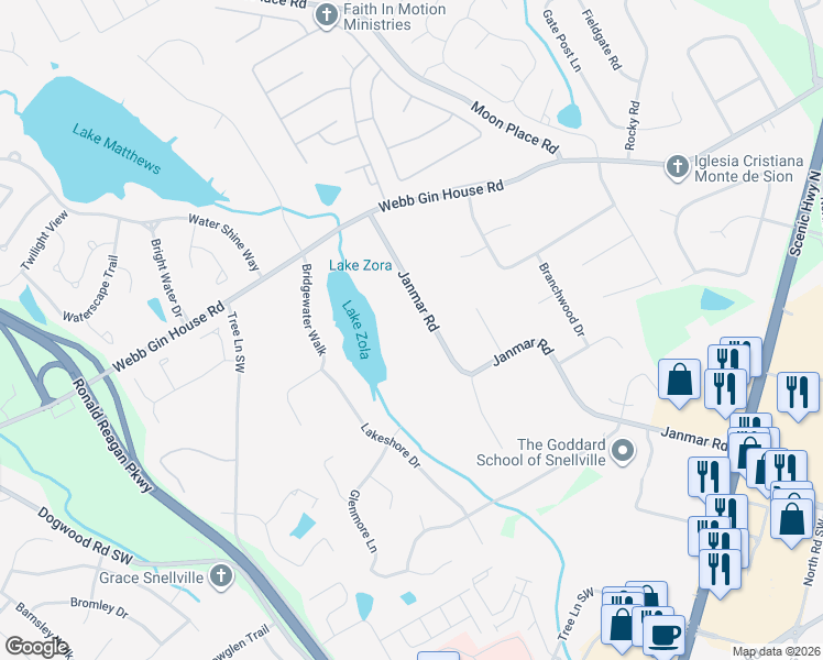 map of restaurants, bars, coffee shops, grocery stores, and more near 1319 Janmar Road in Snellville
