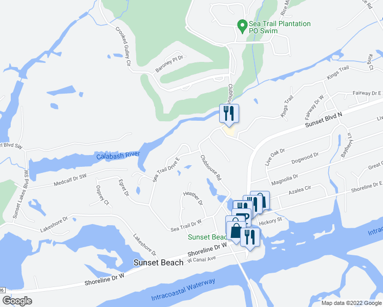 map of restaurants, bars, coffee shops, grocery stores, and more near 222 Sea Trail Drive East in Sunset Beach