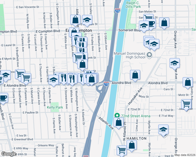 map of restaurants, bars, coffee shops, grocery stores, and more near 15810 South Frailey Avenue in East Compton
