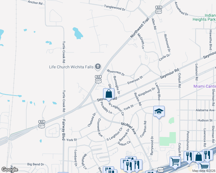 map of restaurants, bars, coffee shops, grocery stores, and more near 2018 Gloria Lane in Wichita Falls
