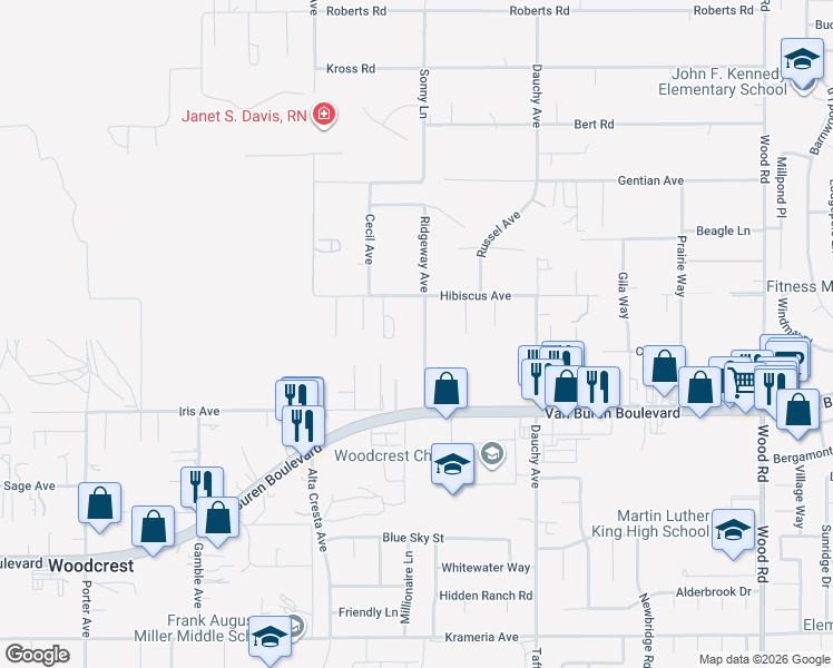map of restaurants, bars, coffee shops, grocery stores, and more near 15833 Ridgeway Avenue in Riverside