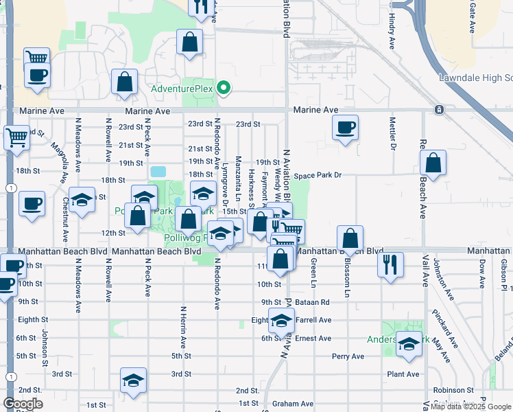 map of restaurants, bars, coffee shops, grocery stores, and more near 1500 Faymont Avenue in Manhattan Beach