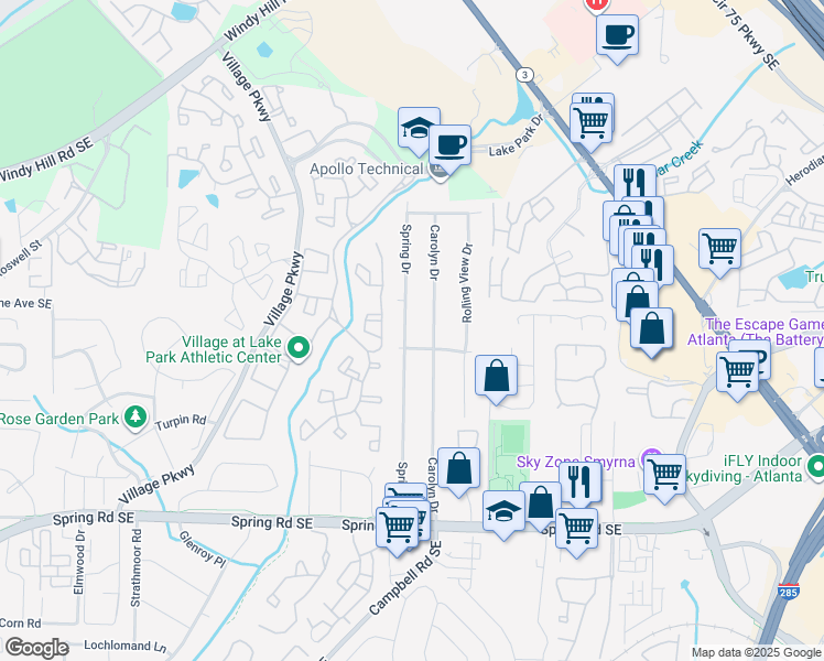 map of restaurants, bars, coffee shops, grocery stores, and more near 2579 Spring Drive in Smyrna