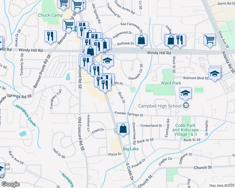 map of restaurants, bars, coffee shops, grocery stores, and more near 2610 Birch Street in Smyrna