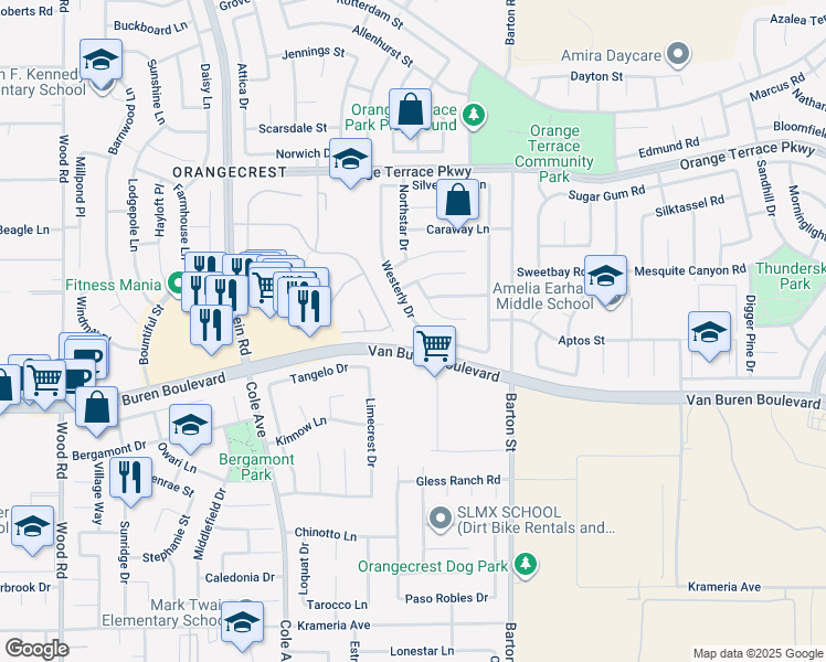 map of restaurants, bars, coffee shops, grocery stores, and more near 19923 Westerly Drive in Riverside