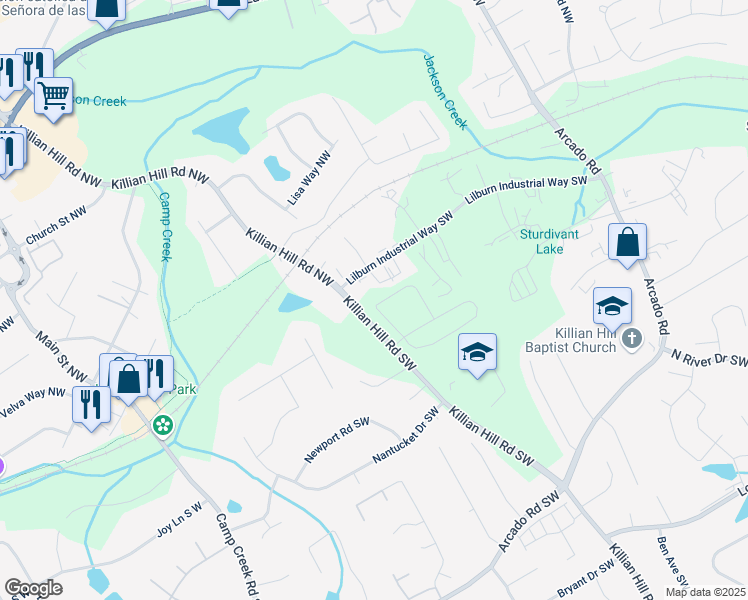 map of restaurants, bars, coffee shops, grocery stores, and more near 4495 Buttonwood Lane in Lilburn