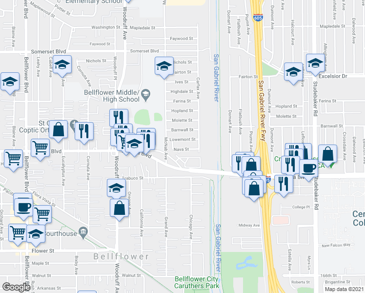 map of restaurants, bars, coffee shops, grocery stores, and more near 10455 Nava Street in Bellflower