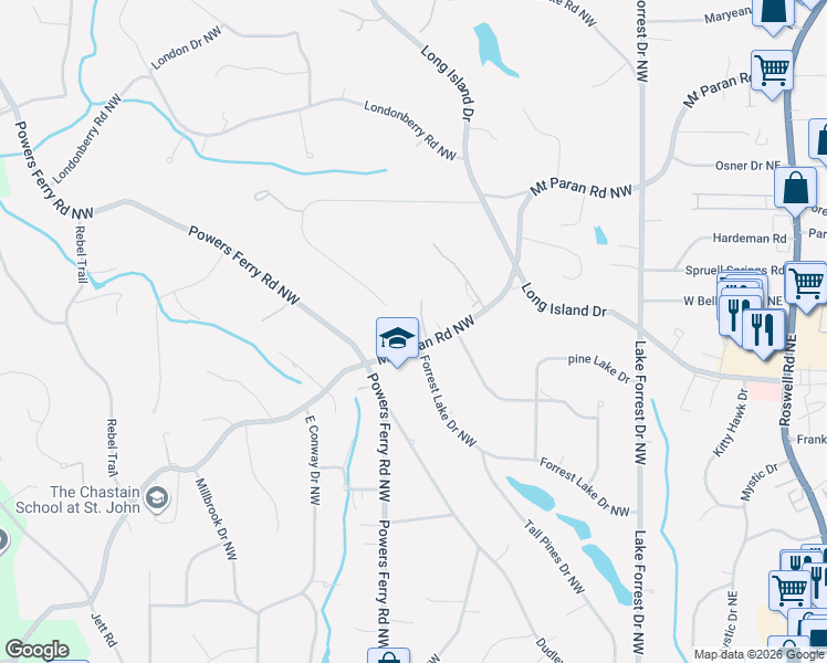 map of restaurants, bars, coffee shops, grocery stores, and more near 265 Mount Paran Road Northwest in Atlanta