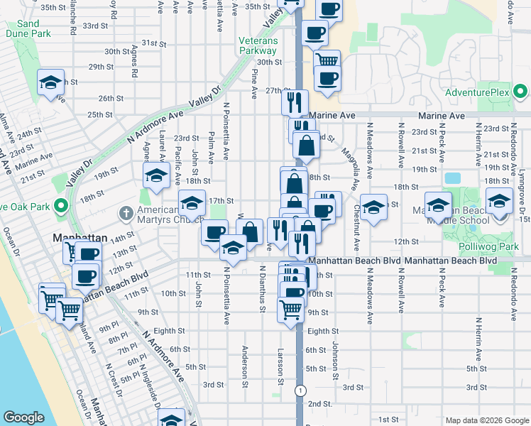 map of restaurants, bars, coffee shops, grocery stores, and more near 1417 Elm Avenue in Manhattan Beach