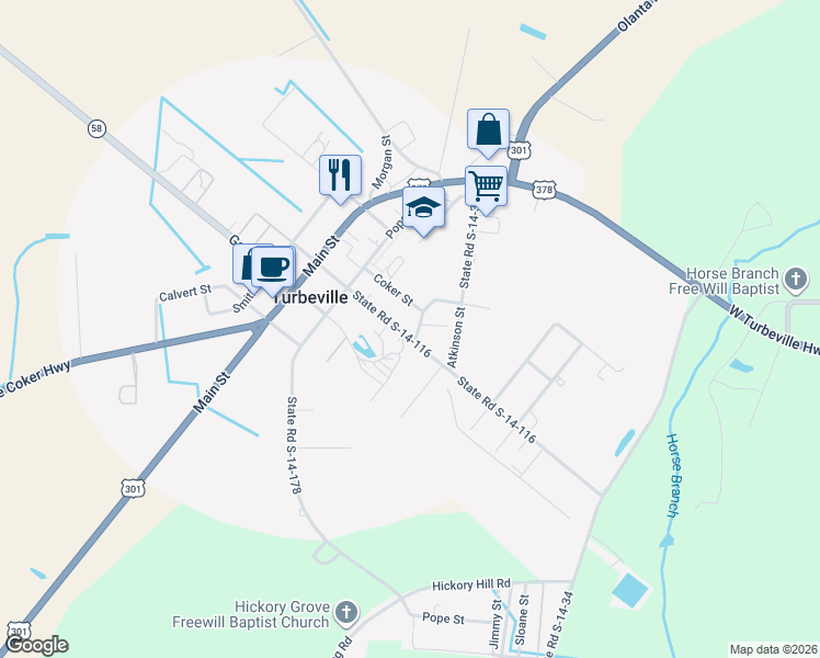 map of restaurants, bars, coffee shops, grocery stores, and more near 1214 Coker Street in Turbeville