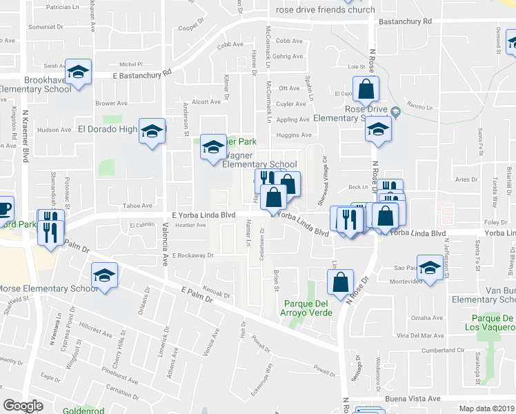 map of restaurants, bars, coffee shops, grocery stores, and more near 4962 Hamer Drive in Placentia