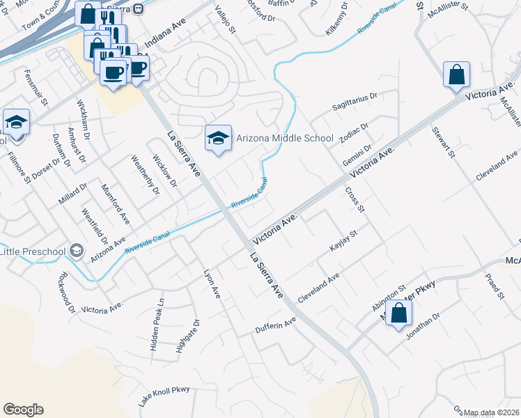 map of restaurants, bars, coffee shops, grocery stores, and more near 10957 Stonehenge Place in Riverside