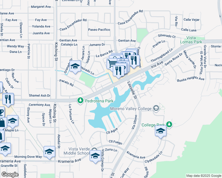 map of restaurants, bars, coffee shops, grocery stores, and more near 16010 Edgewater Lane in Moreno Valley