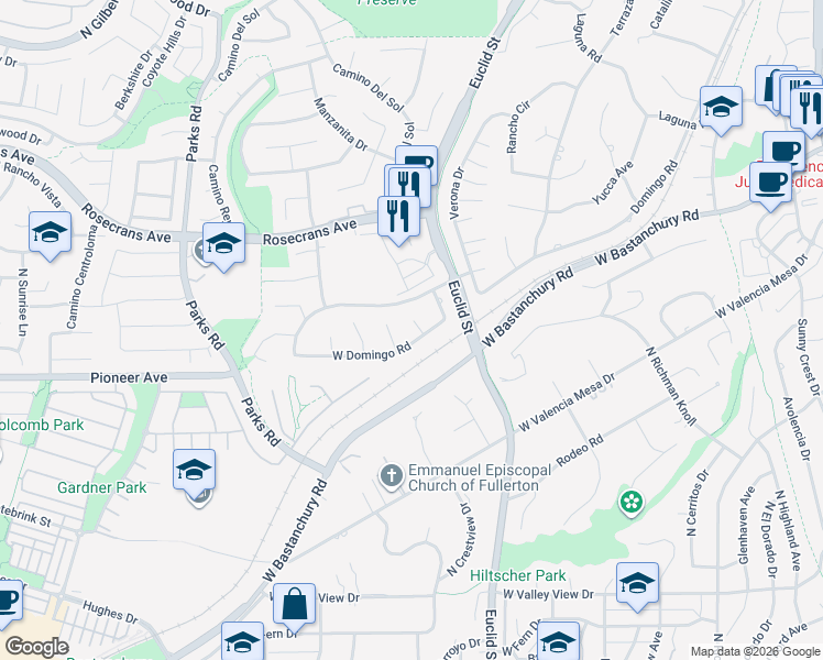 map of restaurants, bars, coffee shops, grocery stores, and more near 1525 West Domingo Road in Fullerton
