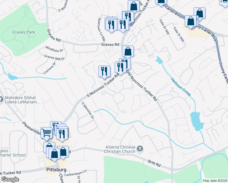 map of restaurants, bars, coffee shops, grocery stores, and more near 1023 Oak Chase Drive in Tucker