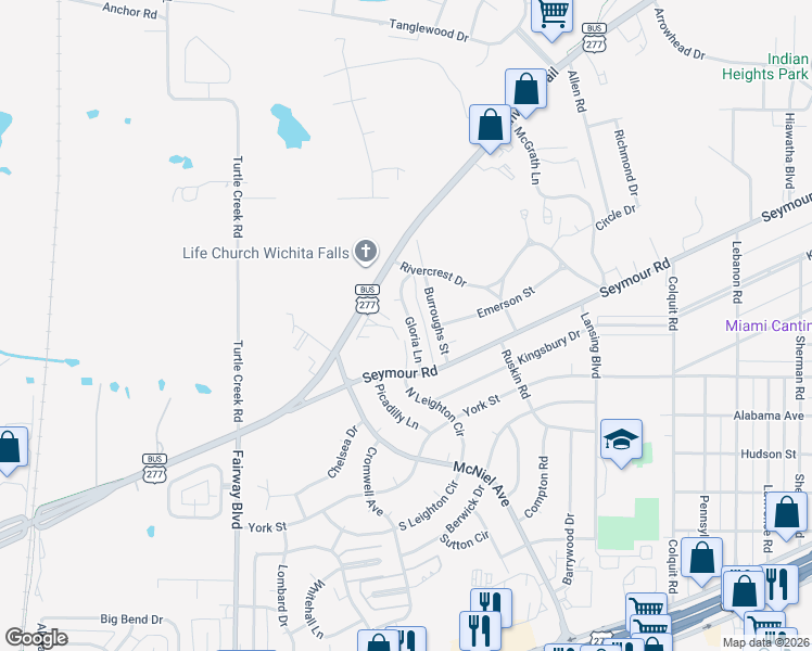 map of restaurants, bars, coffee shops, grocery stores, and more near 2018 Gloria Lane in Wichita Falls