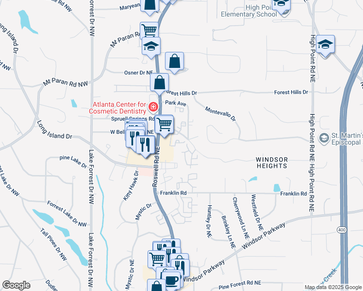 map of restaurants, bars, coffee shops, grocery stores, and more near 270 Waterford Place Northeast in Sandy Springs