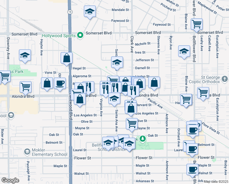 map of restaurants, bars, coffee shops, grocery stores, and more near 9235 Alondra Boulevard in Bellflower