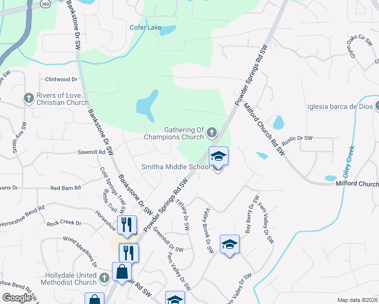 map of restaurants, bars, coffee shops, grocery stores, and more near 2060 Powder Springs Road Southwest in Marietta