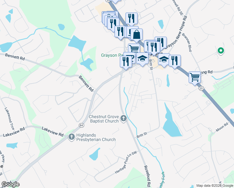map of restaurants, bars, coffee shops, grocery stores, and more near 2159 Rosebud Road in Grayson