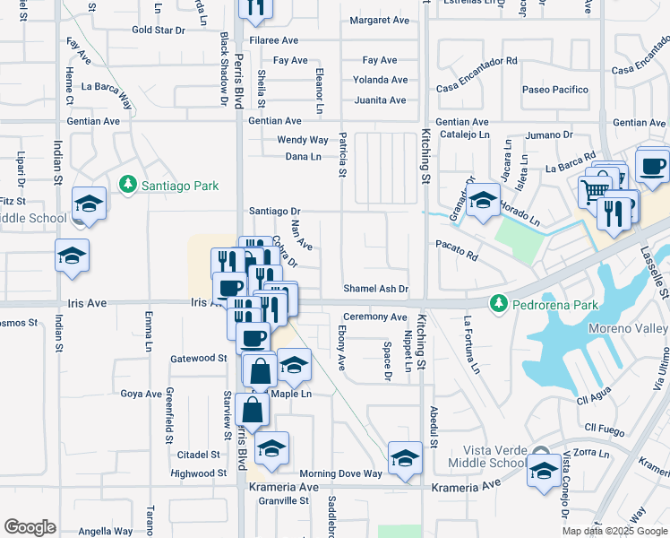 map of restaurants, bars, coffee shops, grocery stores, and more near 15930 Wedow Drive in Moreno Valley