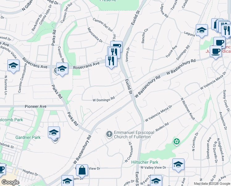 map of restaurants, bars, coffee shops, grocery stores, and more near 1525 West Domingo Road in Fullerton