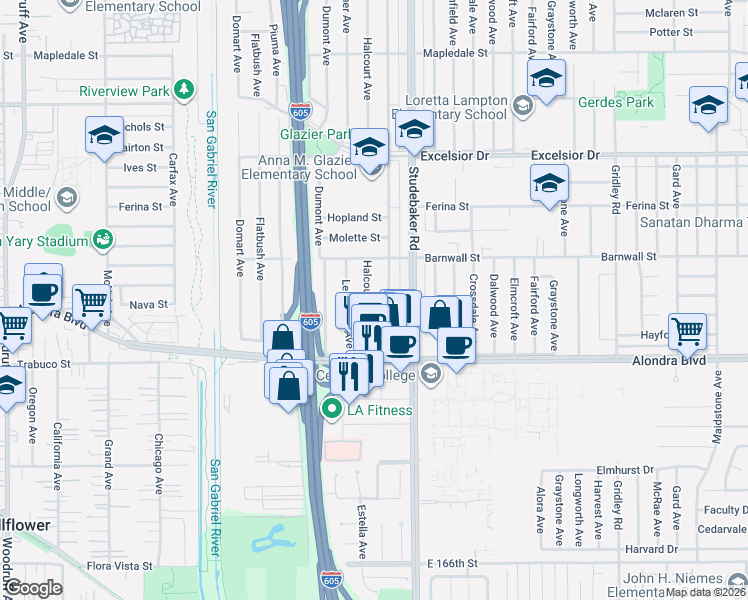 map of restaurants, bars, coffee shops, grocery stores, and more near 15519 Lefloss Avenue in Norwalk