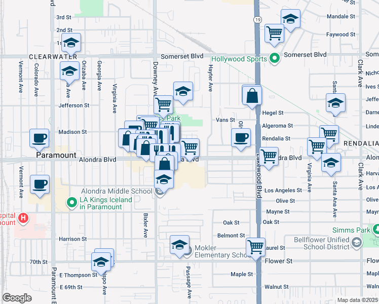 map of restaurants, bars, coffee shops, grocery stores, and more near 15821 Passage Avenue in Paramount